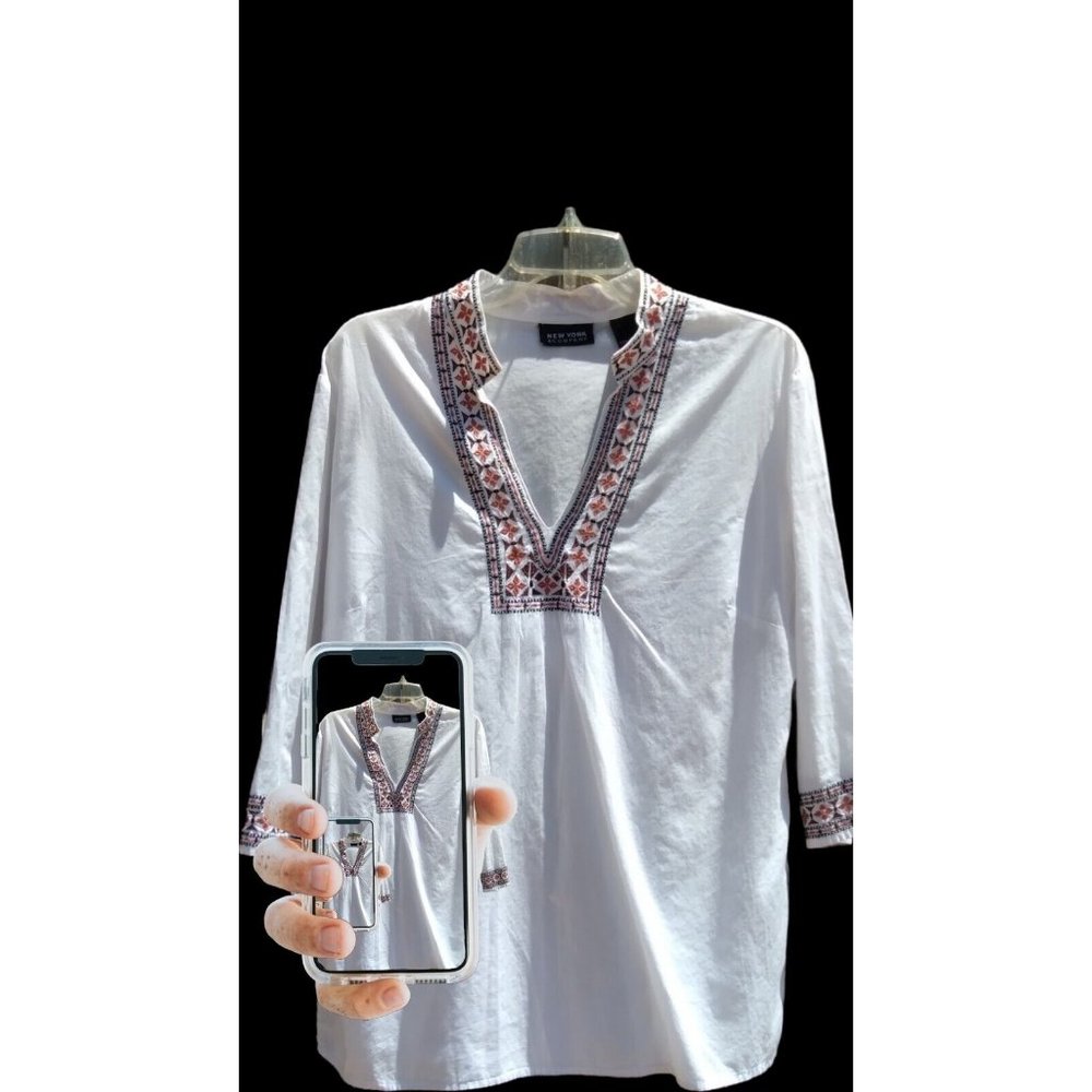 Vintage 80s Y2K New York & Company Embroidered Geometric Hippie Blouse Sze Large
